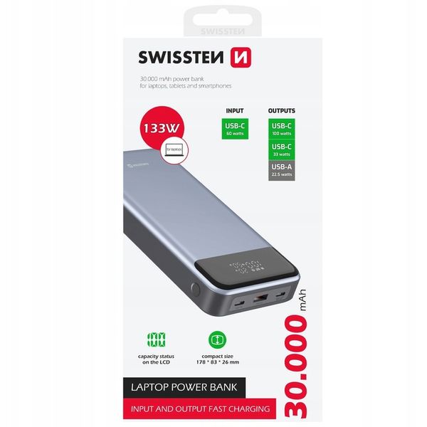 SWISSTEN POWERBANK do laptopa telefonu 30000 mAh PD QC 133W 2x USB-C USB-A zdjęcie 6