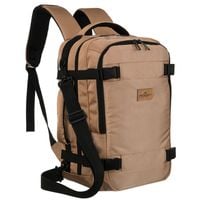 plecak podróżny z poliestru w beżowym kolorze, zawieszony