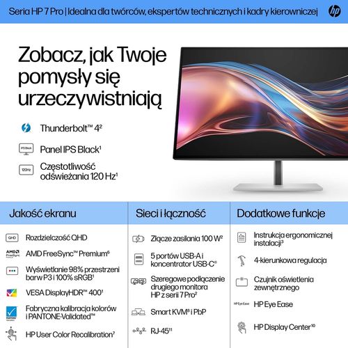 Monitor HP Series 7 Pro 727pu QHD 27 cali IPS Black 120Hz 2560x1440 HDMI DisplayPort Thunderbolt USB-C VESA pivot 8J9E6UT na Arena.pl