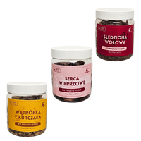 Liofilizowana śledziona wołowa, serca wieprzowe, wątróbka z kurczaka