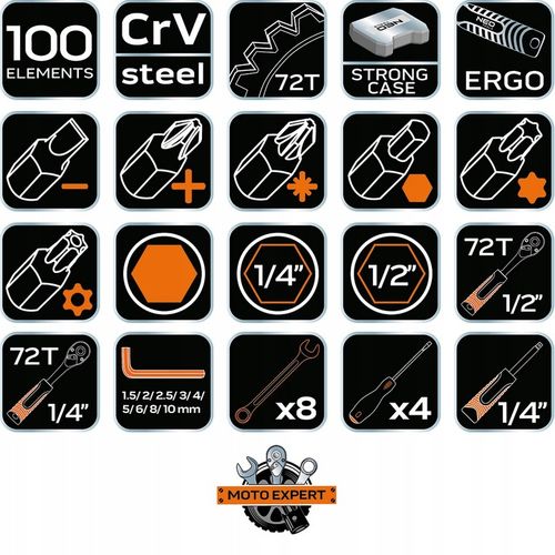 NEO TOOLS Zestaw Kluczy Nasadowych 100 el. 1/2" 1/4" Walizka Stal CrV na Arena.pl