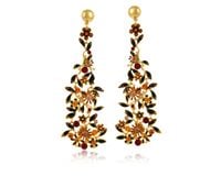 Pozłacane długie kolczyki z kwiatuszkami, ręcznie zdobione emalią