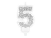 Świeczka urodzinowa cyfra 5 srebrna, 7 cm
