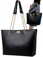 Czarna Damska Skórzana Pojemna Torba A4 Torebka