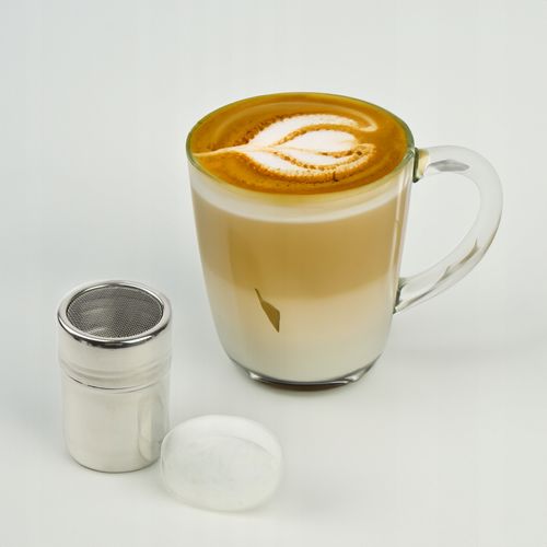 POJEMNIK Z SITKIEM DO POSYPYWANIA KAWY CIASTA CUKREM KAKAO + 6 SZABLONÓW na Arena.pl