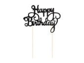Topper na tort, Happy Birthday "brokat", czarny, 14 cm x 10 cm