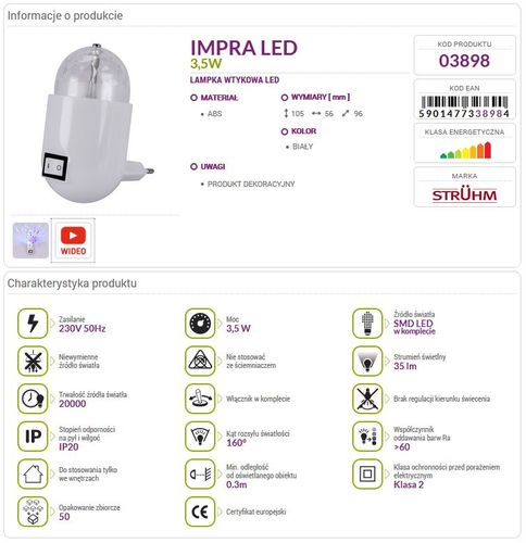 Lampka wtykowa IMPRA LED 3,5W DISCO 03898 Struhm na Arena.pl