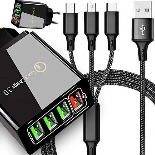 SZYBKA ŁADOWARKA SIECIOWA 4X USB QC 3.0 KABEL 3W1 LIGHTNING MICRO-USB USB C na Arena.pl