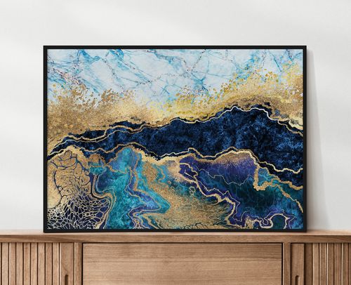 Plakat abstrakcja złota niebieska poziom 40x50 cm w czarnej ramie na Arena.pl