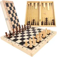 ZESTAW 3W1 DUŻE SZACHY DREWNIANE KLASYCZNE WARCABY TRYKTRAK GRA 34 x 34cm