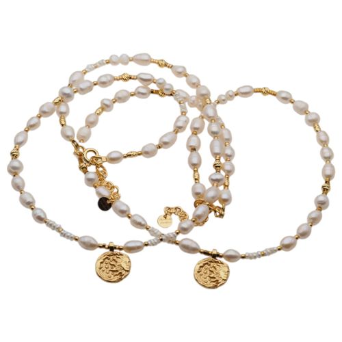 Naszyjnik - Białe Perły hodowane, hematyt, zawieszka słońce i srebro złocone na Arena.pl