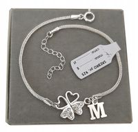 Srebrna bransoletka koniczynka na szczęście LITERKA cyrkonie PUDEŁKO SREBRO