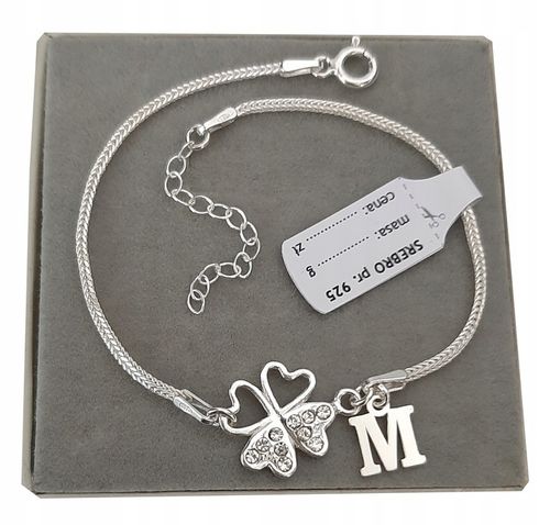 Srebrna bransoletka koniczynka na szczęście LITERKA cyrkonie PUDEŁKO SREBRO na Arena.pl