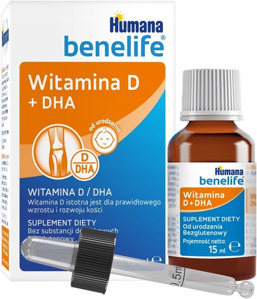 HUMANA BENELIFE D3 + DHA KROPLE Z PIPETKĄ 15ML x3 + WITAMINA D3 5.5ML x1 zdjęcie 2