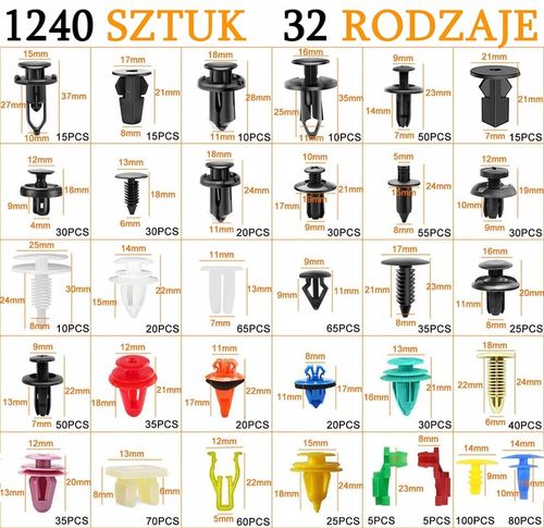 1240 SZTUK SPINKI KLIPSY KOŁKI DO AUTA TAPICERKI SAMOCHODOWE 5x NARZĘDZIA na Arena.pl