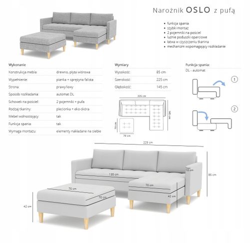 Narożnik Oslo + pufa - Czerwony na Arena.pl