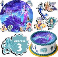 ZESTAW OPŁATEK NA TORT 20CM + 17 POSTACI - SYRENKA + IMIĘ 15CM 18CM