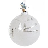 Bombka szklana zdobiona brokatem z ceramiczną zawieszką BSZ212 10cm srebrna