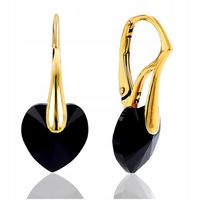 KOLCZYKI SWAROVSKI ZŁOTE SERCA WISZĄCE, CZARNE, SREBRO PR. 925, POZŁACANE