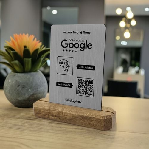 Stojak NFC QR do opinii Google tabliczka prezenter + nazwa firmy + GRATIS na Arena.pl