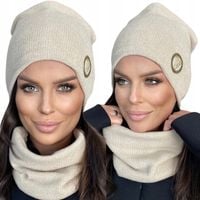 KOMPLET DAMSKI CZAPKA BEANIE KOMIN GOLF TUBA DUŻY ZESTAW CIEPŁY KREM 2837