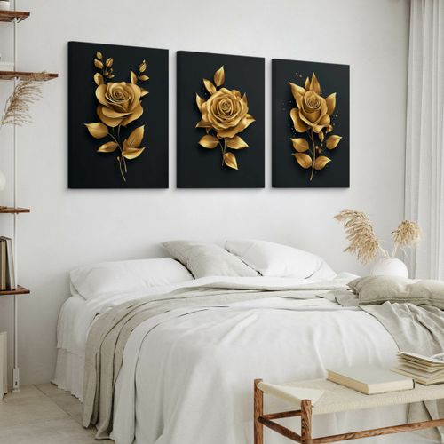 Obrazy Do Sypialni Set Złote Róże Kwiaty Glamour Abstrakcja 90cm x 40cm na Arena.pl