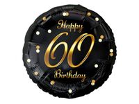 Balon foliowy "B&C Happy 60 Birthday", czarny, nadruk złoty, 45cm (18 cali)