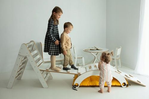 Bujak Montessori DREWNIANY XL +Poduszka Beżowa +Zjeżdżalnia +Ścianka ZESTAW na Arena.pl