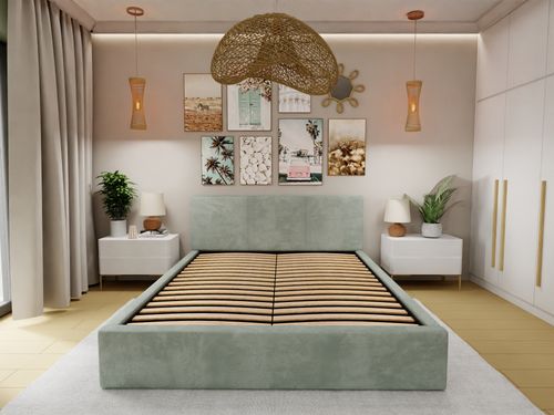 ŁÓŻKO TAPICEROWANE DO SYPIALNI 140x200 ŁÓŻKO PODWÓJNE Z POJEMNIKIEM MIĘTOWE na Arena.pl