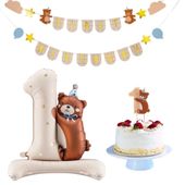 Zestaw balon baner świeczka na roczek z misiem