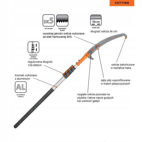 PIŁA DO CIĘCIA GAŁĘZI DREWNA NA WYSIĘGNIKU Z HAKIEM TELESKOPOWA 3M RĘKAWICE na Arena.pl