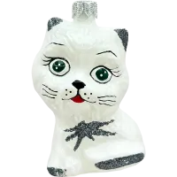 Bombka choinkowa szklana: Kot z zielonymi oczami i brokatowymi akcentami