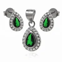 KLASYCZNY RODOWANY SREBRNY KOMPLET ŁEZKI KROPLE MARKIZY SZMARAGDOWE CYRKONI