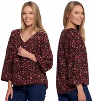 Koszula Damska Bluzka z Bufiastymi Rękawami w Kwiatki BORDOWY MORAJ - 3XL