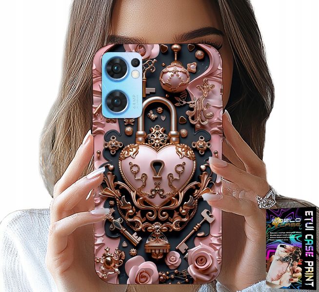 ETUI DO OPPO RENO7 5G - KOBIECE, MODNE WZORY, KŁÓDKA SERCE RÓŻA zdjęcie 1