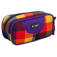 piórnik szkolny z poliestru w kratę, dwukomorowy zamykany suwakami