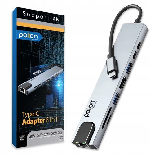Adapter HUB 8w1 POLION USB-C przejściówka USB 3.0 PD HDMI 4K SD LAN na Arena.pl