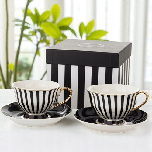 Komplet filiżanek porcelanowych 220 ml 2szt. biało-czarne złote zestaw na Arena.pl