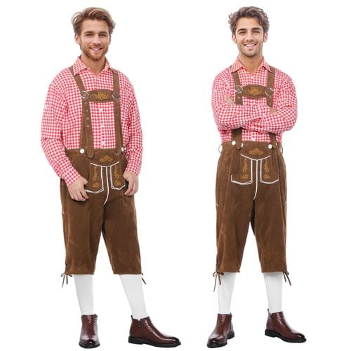 Komplet Męski Oktoberfest Skórzane Spodnie z Szelkami Koszula Czerwona S na Arena.pl