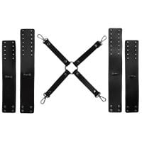 uprząż z kajdankami na ręce i nogi ze skóry. gadżet do zabaw bdsm.