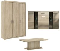 Zestaw Mebli pokojowych Szafa TrzyDrzwiowa + Komoda + Ława Dąb Sonoma