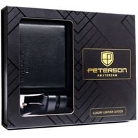 zestaw prezentowy: skórzany, poziomy portfel męski w czarnym kolorze