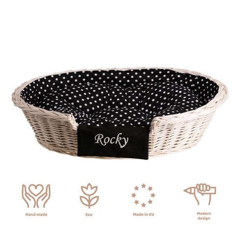 Poppy OWALNE wybielane WIKLINOWE LEGOWISKO DLA ZWIERZĄT Z IMIENIEM KOSZ DLA PSA 80X60 H20 / ROZMIAR WEWNĘTRZNY 64X45 H18 CM uniwersalny na Arena.pl