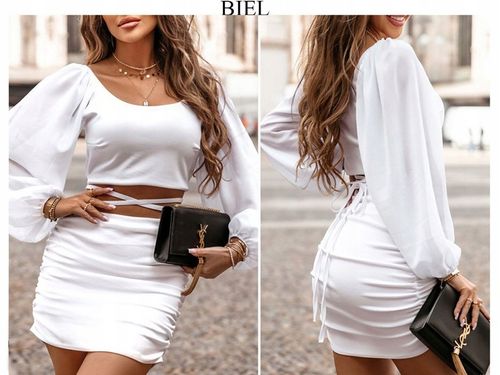 Komplet SPÓDNICA ołówkowa mini TOP tiul tiulowe rękawy bufki z wiązaniem na Arena.pl