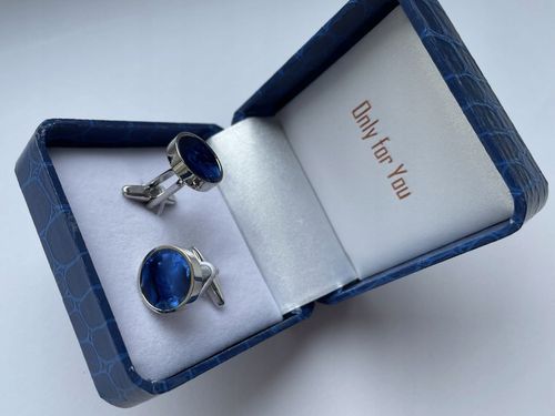 Smokingowe spinki do mankietów EXC Srebrne z Niebieską Masą Perłową + Etui na Arena.pl