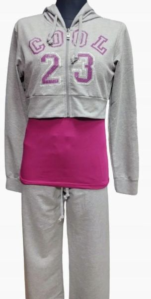 Dres damski KOMPLET modny 3 części L/XL szary z fioletem zdjęcie 1
