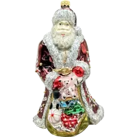 Bombka choinkowa szklana: Święty Mikołaj z workiem prezentów: bordowy