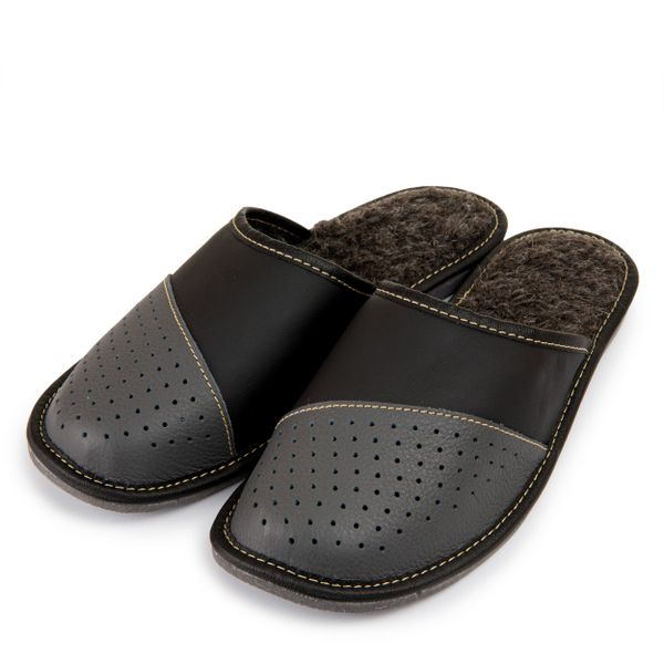 Ciepłe kapcie męskie skórzane z wełną owcy zdjęcie 1