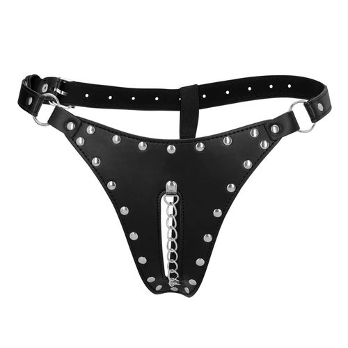 Pu Leather Chastity Thong With Chain Detail - Black na Arena.pl