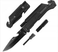 Nóż składany ratowniczy, mini latarka, krzesiwo, zbijak, czarny